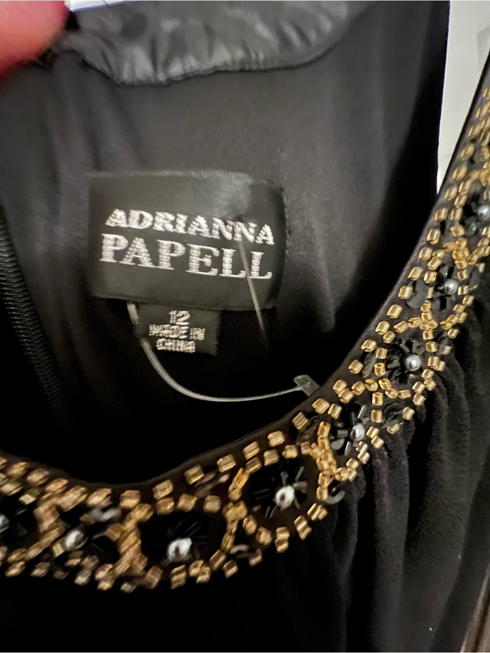 Adrianna Papell Black Dress with Gold Beaded Neckline Accent